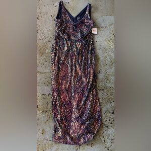 NWT Nightway 22096W Long Evening Sequins Formal Dress in Navy Blue, Size 14W